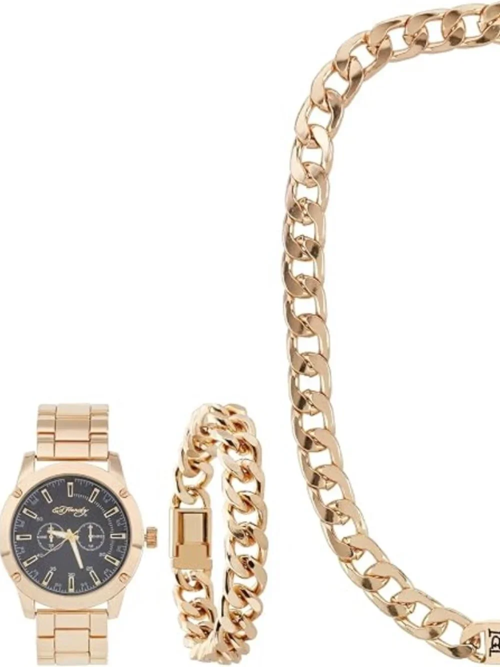 ED HARDY Men's Quartz Movement Shiny Gold Analog Watch, Necklace and Bracelet